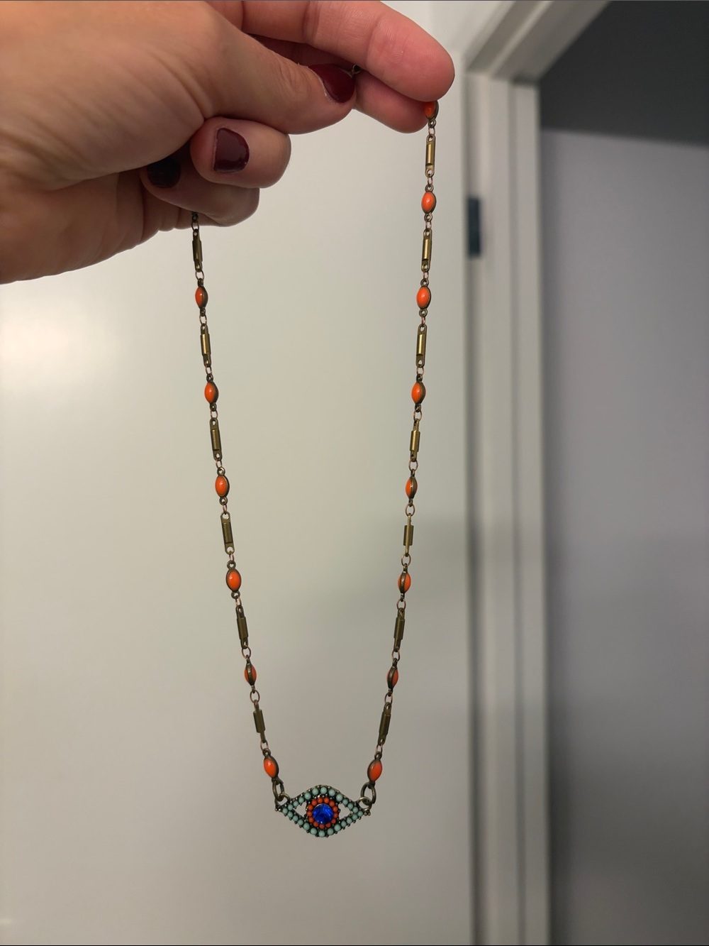 Handcrafted Orange Bead Evil Eye Necklace 18”